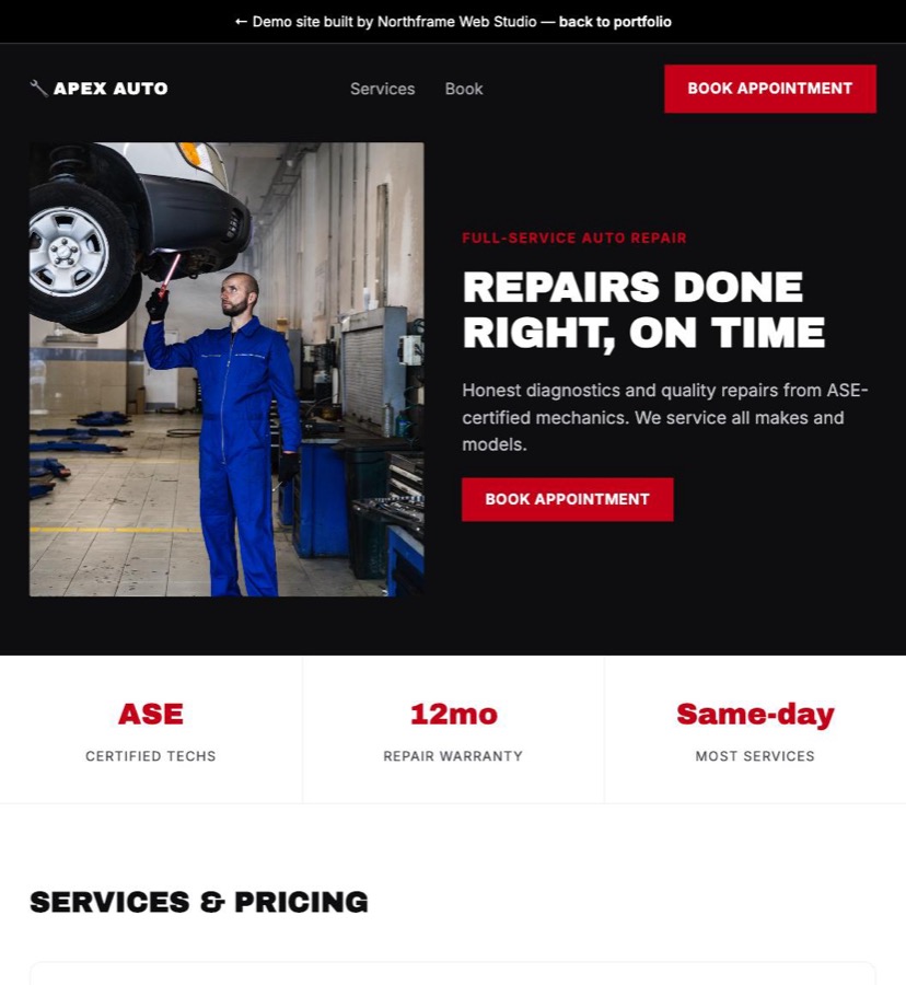 Apex Auto Garage demo site homepage